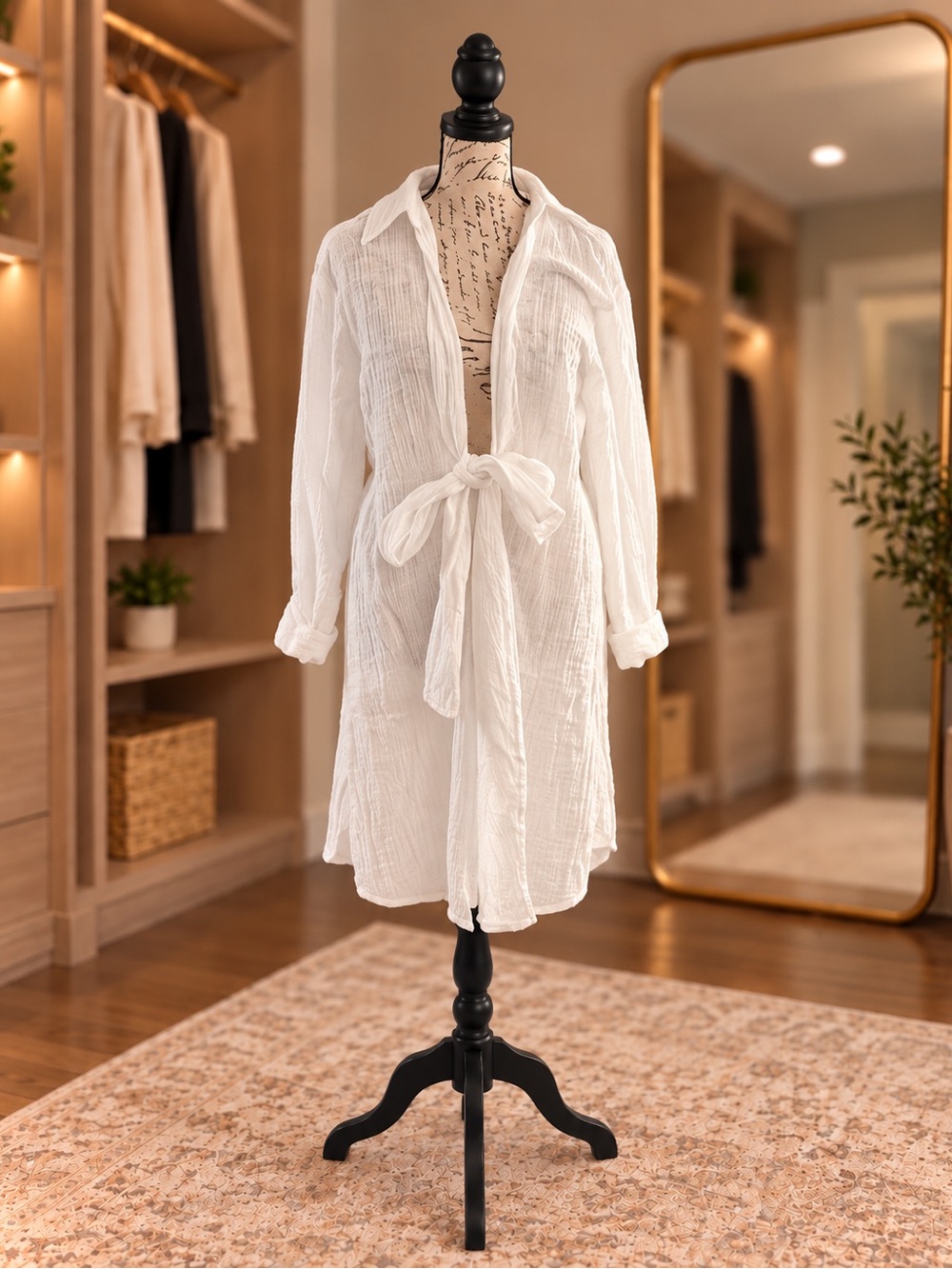 ROXY White Cotton Gauze Long Sleeve Tie Waist Swim Cover Up – Medium NWOT